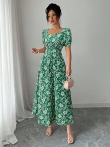Rafferiza Đầm mùa hè thanh lịch dành cho nữ, tay phồng, chất liệu jacquard, thắt eo. - màu xanh lá - Xem 4