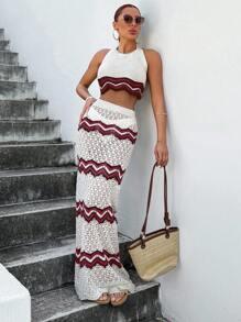 SHEIN Conjunto de top de cuello halter de punto y falda para mujeres