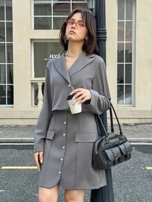 Teen Girl Casual Everyday Commute Mandarin Collar Single-Breasted Jacket And Dress Set - Grey - View 6