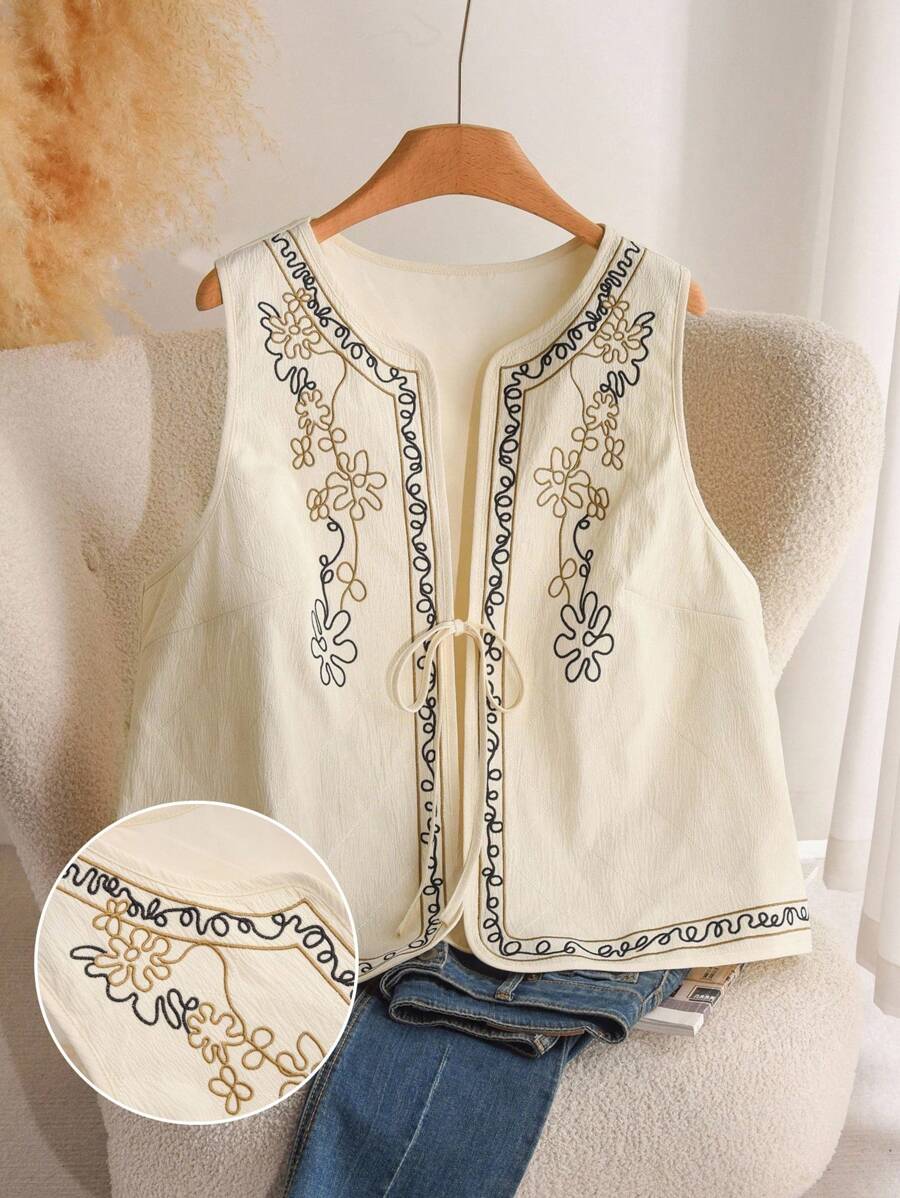 CosyJoli Plus Size Embroidery Decor Tie-Up Sleeveless Round Neck Casual Vest Jacket Winter Fall Autumn - Apricot - View 1