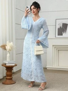 Yasmyna Váy kaftan ren tương phản cổ chữ V tay chuông dệt jacquard mềm mại thanh lịch dành cho nữ, Xuân/Thu - Màu xanh lam - Xem 5