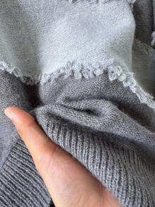 CosyJoli Suéter de cuello redondo informal de talla grande con bloque de color, bigote de gato y flecos - Gris - Ver 7