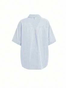 DAZY Women's Bow Embroidery Turndown Collar Loose Short Sleeve Blouse, Spring/Summer - Blue and White - View 4