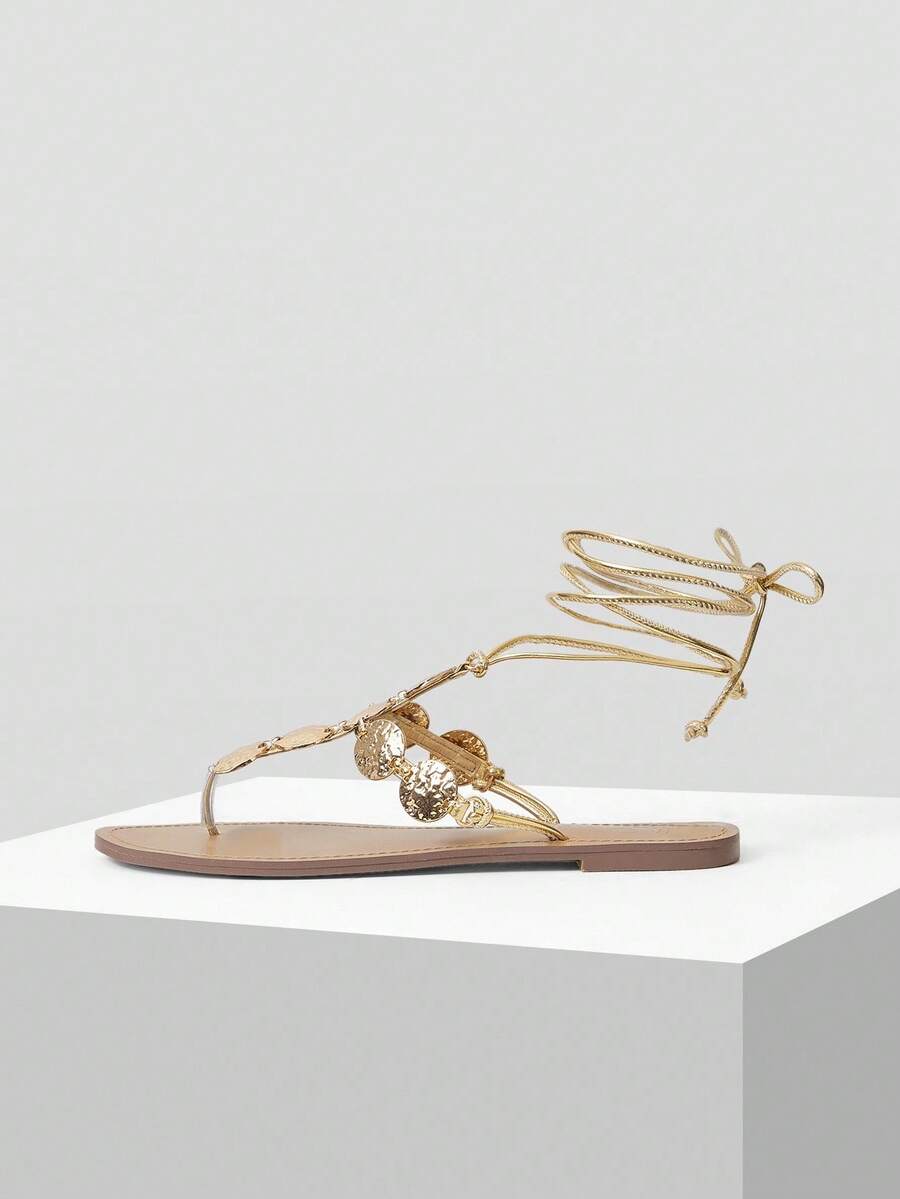 MOTF PREMIUM PU LEATHER ROPE DETAIL FLAT SANDALS, BEACH & VACATION FOR CHRISTMAS - Gold - View 1