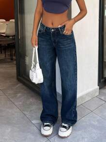 EURMUSE 100% Cotton Low Waist Wash Detailed Wide Leg Jean - Dark Wash - View 5