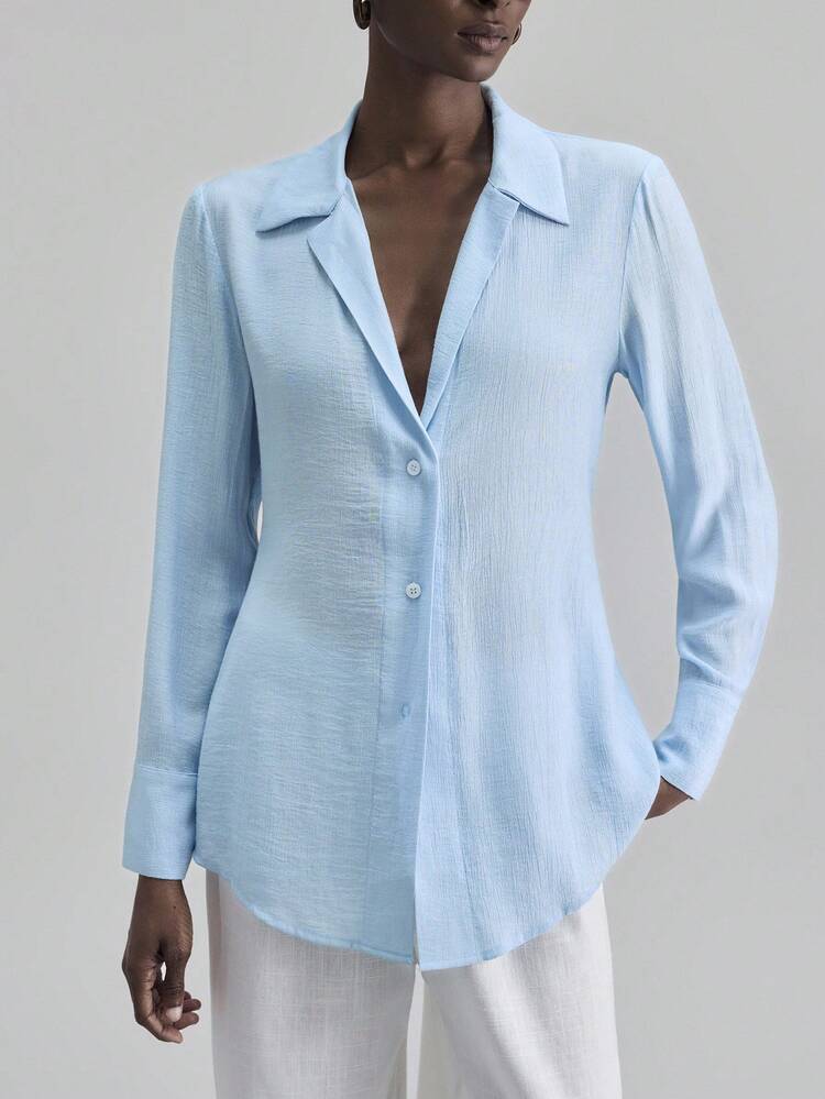 Ontre 女式蓝领长袖衬衫，简约时尚都市商务休闲衬衫，适合办公室、海岛度假村和户外穿着 - 藍色 - 查看 5