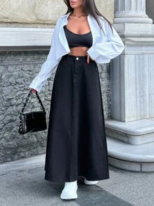 EURMUSE 100% Cotton A-LINE BLACK DENIM SKIRT - Black - View 10