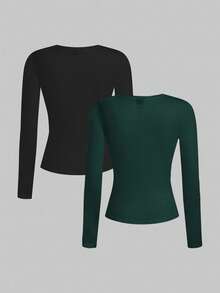 SHEIN EZwear Bộ 2 áo thun dài tay cổ tròn màu đen và xanh lá đậm cho nữ, phù hợp cho mùa thu/đông - Nhiều màu - Xem 2