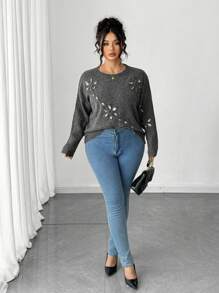 Elenzga Plus Size Loose Elegant Modest Beaded Floral Pullover Sweater Fall Winter Cloth For Women Autumn