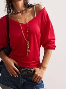 Bohemela 女式休闲纯色V领长袖宽松针织T恤，秋冬波西米亚风格 - 紅色 - 查看 6