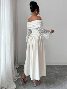 Modelyn Women's Autumn Knit Lace Patchwork Solid Color Off Shoulder Long Sleeve A-Line Dress - Apricot - View 2