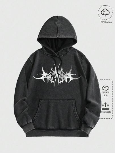 Goth Men's Washed Dark Graphic Print Hoodie