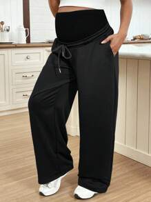 Adjustable Waist Pregnant Women Pockets Wide Leg Loose Casual Pants - Black - View 4