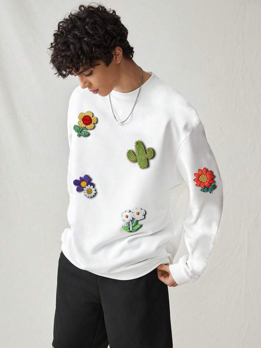 Manfinity VCAY 3D Flower Print Design Men's Loose Fit Round Neck Long Sleeve Sweatshirt, For Fall Winter - White - View 1