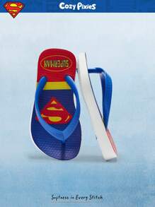 SUPERMAN X Cozy Pixies 1 Pair Summer Print Non-Slip Breathable Round Toe Flip Flops Toddler/Kids Beach Sandals - Blue - View 2