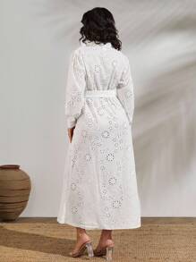 EURMUSE Women's Embroidered Floral Pattern Ruffle Hem Belted Long Dress Vacation, Casual, Chic, Swiss - White - View 2