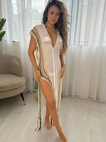 RebeccaVibe 露背针织透视连衣裙长款女装 - 白色 - 查看 1