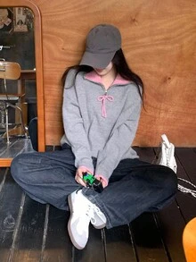 DAZY 女士撞色韩版休闲长袖毛衣，秋冬 - 灰色 - 查看 3