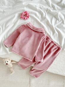 2 件套女婴毛绒熊刺绣长袖开衫上衣和裤子舒适睡衣套装