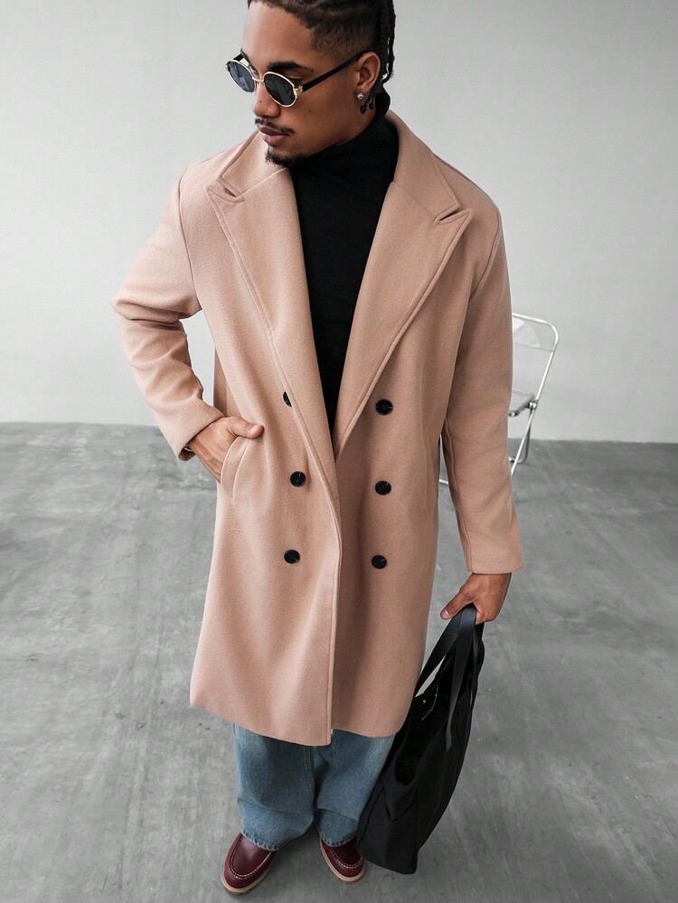Manfinity Homme Men's Autumn/Winter Fashion Solid Color Double-Breasted Overcoat Men Coat Men Long Coat Double-Breasted Coat Tan Coat Men Overcoat, A Great Gift For Your Boyfriend, Back To School Double Breasted Blazer Elegant Casual Coat Korean Fashion Coat Men Double Breasted Coat, Old Money Style - Khaki - View 6