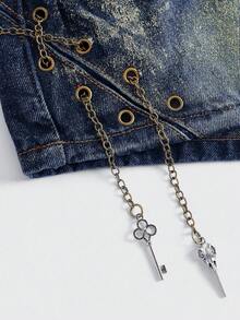 ROMWE J-Fashion Y2K Gyaru Vintage Sexy Low Waist Cross Foil Print Skinny Ultra Low Waist Women Denim Shorts - Dark Wash - View 3