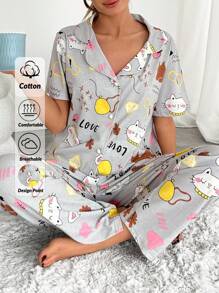 RueChic Women 2 Pcs Contrast Colour Button Front Detail With Cutie Cat Pattern Homewear PJ Set - Grey - View 1