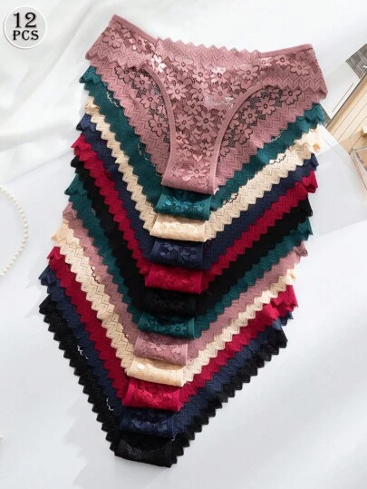 SHEIN 12pcs/Pack Romantic Sexy Lace Women's Underwear, Sheer Panties