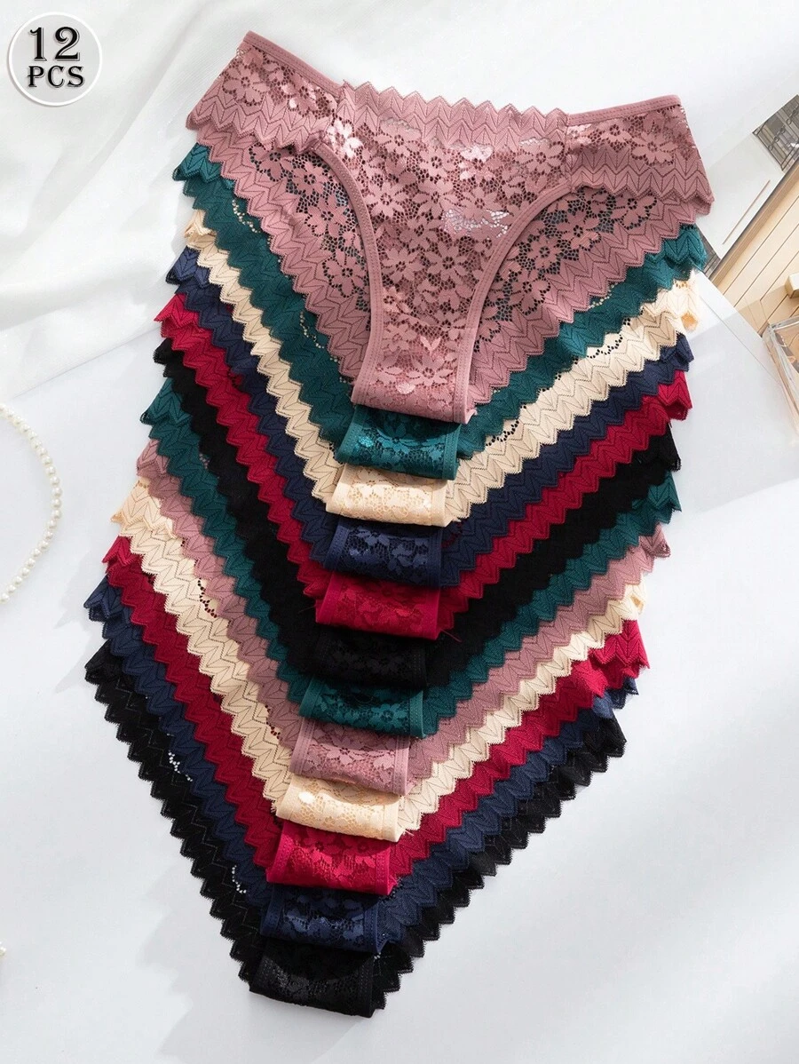 SHEIN 12件/包浪漫性感蕾丝女士内衣，透明内裤 - 彩色 - 查看 1