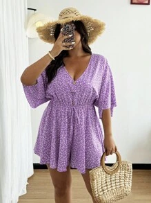 Sunnyshic Plus Size Women's V-Neck Button Ruffle Sleeve Short Sleeve Loose Shorts Elegant Floral Cute Vacation Casual French Jumpsuit, Spring/Summer