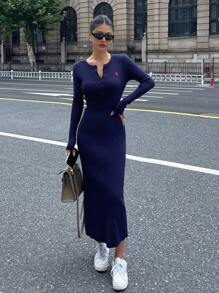 DAZY 美式优雅简约风格高端修身刺绣针织连衣裙，秋季女装女式毛衣裙 - 藏蓝色 - 查看 3