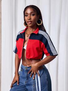 Slaydiva 女式侧条纹短袖拉链下摆抽绳短款牛仔夹克 - 藏蓝色 - 查看 2