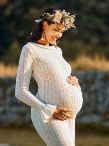 Boho Mama Umstandsmode einfarbiges Rundhals Langarm gestricktes lässiges langes Sweaterkleid - Weiss - Übersicht 4