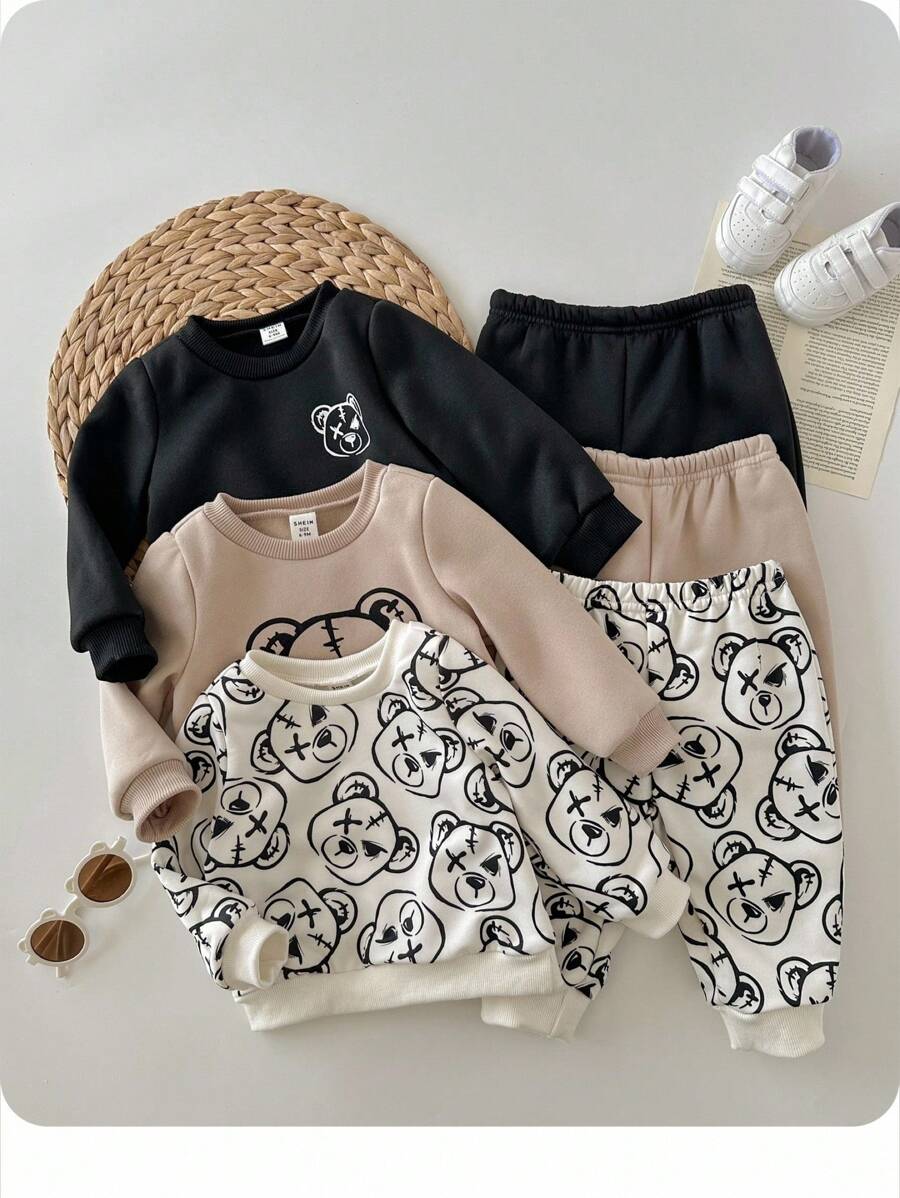 6 件套男婴/女婴休闲卡通熊印花圆领卫衣和宽松慢跑裤套装，室内外通用，加厚款，适合秋冬