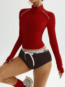 Easithlete 时尚撞色休闲紧身优雅瑜伽夹克，有弹性，拉链开合，适合健身、街头服饰、健身房运动 - 酒紅色 - 查看 7