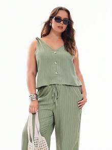 Solavibe Plus Size 2pcs Set: Textured Twist Front Tank Top Shirt And Straight Leg Casual Pants, Holiday