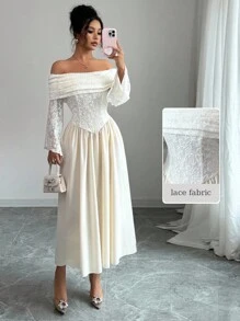 Modelyn Women's Autumn Knit Lace Patchwork Solid Color Off Shoulder Long Sleeve A-Line Dress - Apricot - View 3
