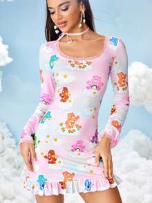 SHEIN X Care Bears Women's Cartoon Bear Pattern Square Neck Long Sleeve Short Dress - Pink - View 1