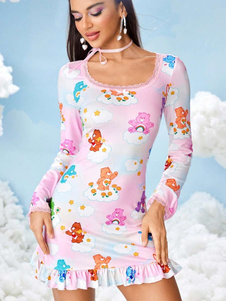 SHEIN X Care Bears Women's Cartoon Bear Pattern Square Neck Long Sleeve Short Dress - Pink - View 1