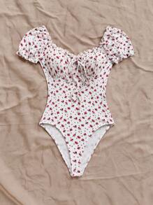 Soleia Ditsy Floral Print Off Shoulder Frill Trim Knot Front Ruched Bust Bodysuit