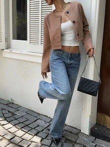 Siren Gaze Women's Solid Color Round Neck Drop Shoulder Short Jacket, New Autumn Style,Cropped Blended Overcoat, Travel Jacket, Motorcycle Wear