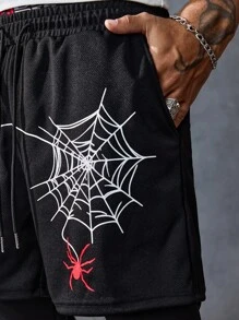 ROMWE MEN Anime Men's Spider Print Drawstring Waist Pockets Double Layer Shorts, Halloween - Black - View 2