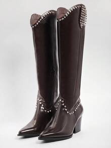 SHUZIA Giày bốt cao đến đầu gối đế vuông màu nâu thanh lịch, tối giản, thoải mái, trang trí đinh tán dành cho nữ - Màu nâu Sô-cô-la - Xem 1