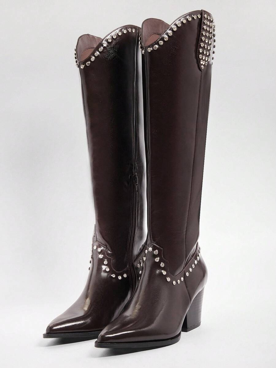 SHUZIA Giày bốt cao đến đầu gối đế vuông màu nâu thanh lịch, tối giản, thoải mái, trang trí đinh tán dành cho nữ - Màu nâu Sô-cô-la - Xem 1