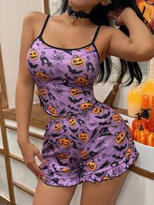 SHEIN Cute Halloween Element Spaghetti Strap Ruffle Hem Camisole & Shorts Pajama Set - Multicolor - View 6