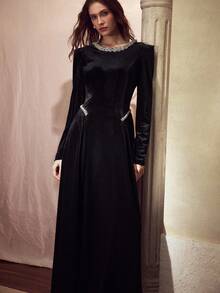 MOTF PREMIUM VELVET RHINESTONE TRIM FORMAL DRESS - Black - View 5