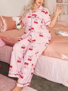 SHEIN Bộ đồ ngủ lãng mạn in họa tiết nơ và quả anh đào cỡ lớn, Giáng sinh - Nhiều màu - Xem 4