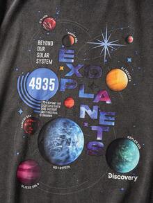 Discovery X SHEIN Men's Casual Planet Print Round Neck Short Sleeve T-Shirt, Summer