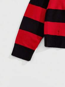 ROMWE MEN Prep Men's Striped Embroidered Long Sleeve Sweater, Loose Cropped Style, Fall Winter, Grunge Style