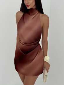 Aloruh Robe mini décontractée dos nu avec lien, motif imprimé élégant dégradé brun pour femme. Convient pour les fêtes d'été et la plage - Multicolore - Voir 5