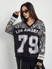 Teens (Girls) Casual Street Sports Jersey Camouflage Oversized V-Neck Sweatshirt Fall Winter - Black - View 3